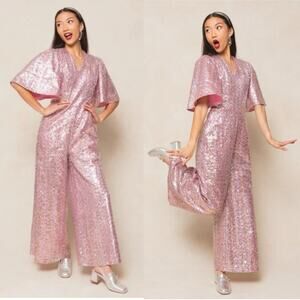 NWT Ivy City Women's Pink Short Sleeves‎ Bejeweled Jumpsuit Size Medium